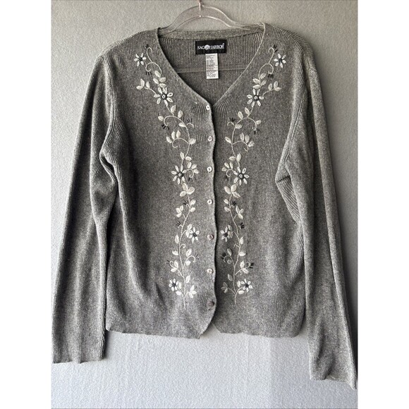 Vintage Sag Harbor Womens Sweater L Gray Button Up Floral Sequines - Picture 1 of 6